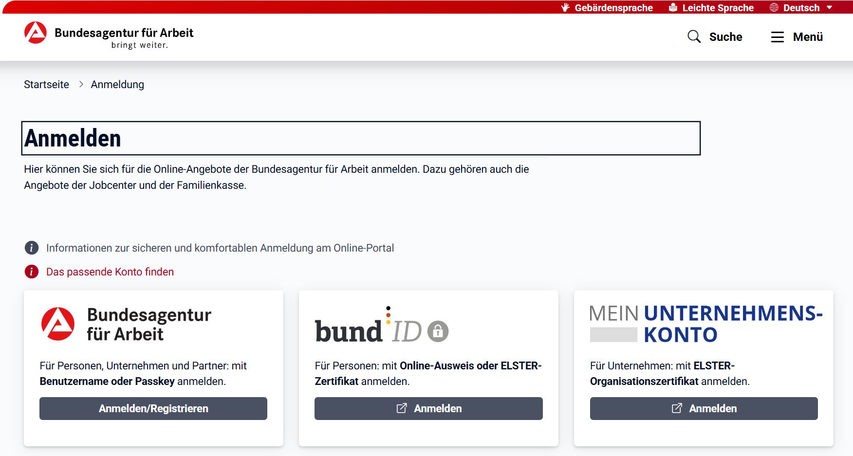 Auswahl der Anmeldeart: E-Mail, AusweisApp2 oder eID Funktion.